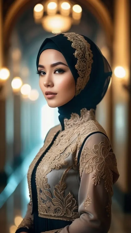 Prompt: hyper-detailed dull photo of a beautiful revealing {jakarta young woman}, venetian lace jilbab, cropped jacket, foggy old hallway, art pose, medium format, epic character composition, sharp focus, intricate filigree details, cinematic lighting, volumetric fog, award-winning, masterpiece, 64K, professionally color graded