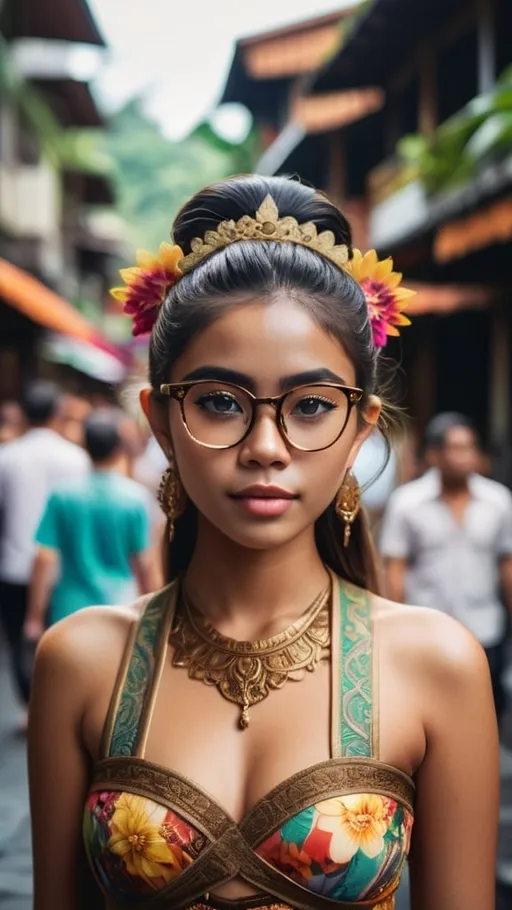 Prompt: ultra realistic photograph of a young woman wearing revealing Balinese traditional outfit, glasses, intricate details, color graded, 40mm lens, vibrant colors, crowded street background