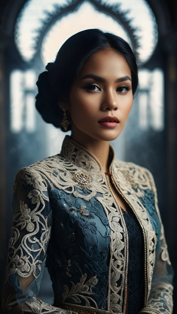 Prompt: hyper-detailed photo of a gorgeous {javanese young woman}, venetian lace revealing jacket, foggy museum, art pose, medium format, epic character composition, sharp focus, intricate filigree details, cinematic lighting, volumetric fog, award-winning, masterpiece, 64K, professionally color graded