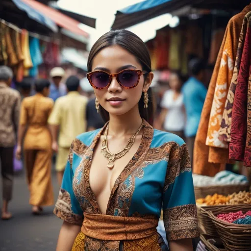 Prompt: ultra realistic photograph of a young woman wearing revealing Javanese traditional outfit, sunglasses, intricate details, batik, color graded, 40mm lens, full body, vibrant colors, crowded market background