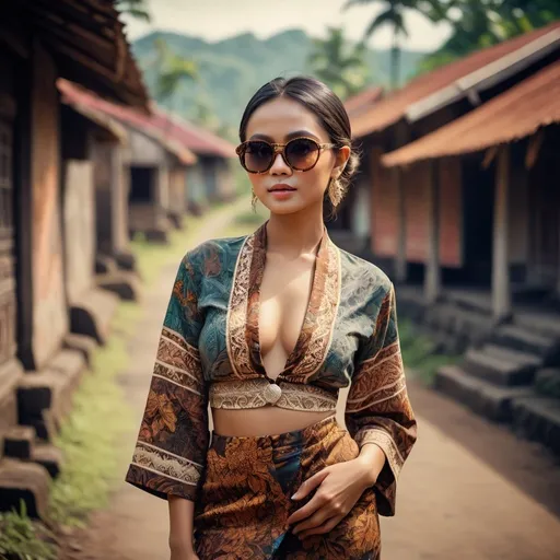 Prompt: ultra realistic photograph of a young woman wearing revealing Javanese traditional outfit, sunglasses, delicate details, batik, color graded, 500mm lens, full body, vibrant colors, smoky village background