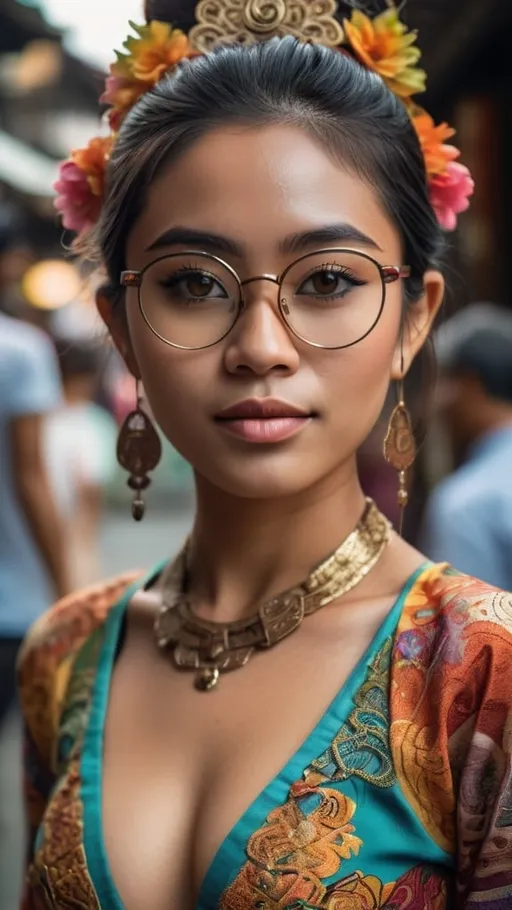 Prompt: ultra realistic photograph of a young woman wearing revealing Balinese traditional outfit, glasses, intricate details, color graded, 40mm lens, vibrant colors, crowded street background