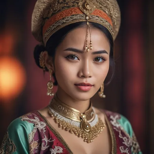 Prompt: ultra realistic photograph of a young woman wearing revealing Javanese traditional outfit, delicate details, color graded, 50mm lens, vibrant colors, smoky stage background