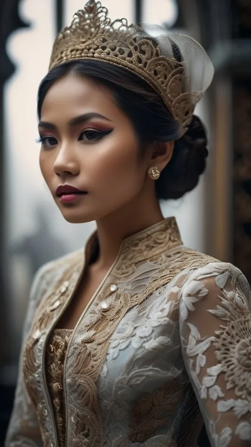 Prompt: hyper-detailed photo of a gorgeous {javanese young woman}, venetian lace revealing jacket, foggy museum, art pose, medium format, epic character composition, sharp focus, intricate filigree details, cinematic lighting, volumetric fog, award-winning, masterpiece, 64K, professionally color graded