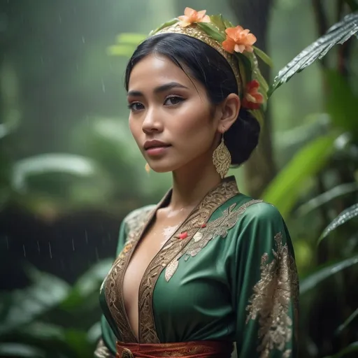 Prompt: ultra realistic photograph of a young woman wearing revealing Javanese traditional outfit, delicate details, color graded, 50mm lens, vibrant colors, rain forest background