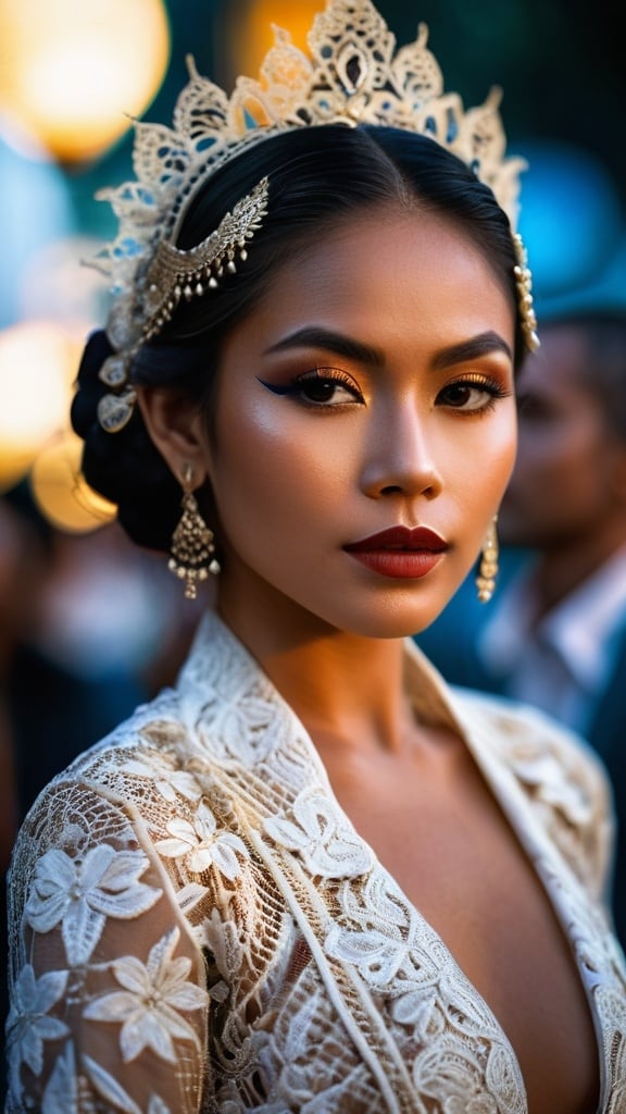 Prompt: hyper-detailed photo of a gorgeous {balinese young woman}, venetian lace revealing jacket, street festival, art pose, medium format, epic character composition, sharp focus, intricate filigree details, cinematic lighting, volumetric fog, award-winning, masterpiece, 50mm lens, professionally color graded