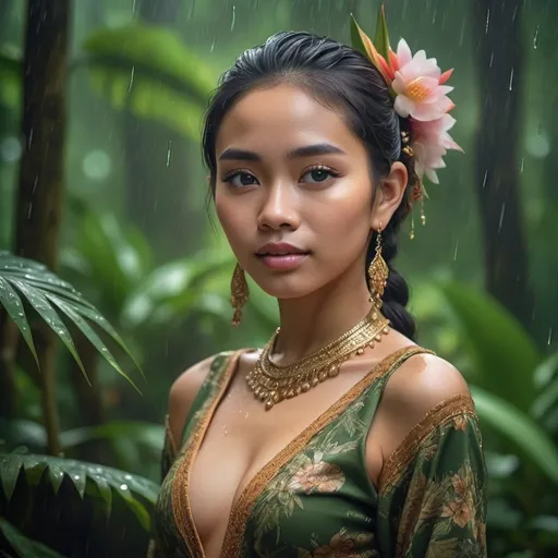 Prompt: ultra realistic photograph of a young woman wearing revealing Javanese traditional outfit, delicate details, color graded, 400mm lens, vibrant colors, rain forest background