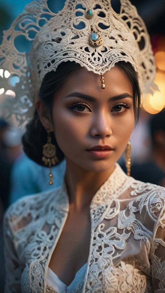 Prompt: hyper-detailed photo of a gorgeous {balinese young woman}, venetian lace revealing jacket, street festival, art pose, medium format, epic character composition, sharp focus, intricate filigree details, cinematic lighting, volumetric fog, award-winning, masterpiece, 50mm lens, professionally color graded