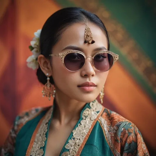 Prompt: ultra realistic photograph of a young woman wearing revealing Javanese traditional outfit, sunglasses, delicate details, color graded, 50mm lens, medium close up, vibrant colors, smoky stage background