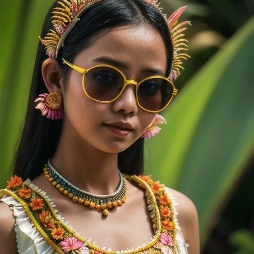 Prompt: ultra realistic photograph of a young woman wearing revealing Javanese traditional outfit, sunglasses, delicate details, embroidered tropical flowers, batik, color graded, 500mm lens, medium close up, vibrant colors, smoky village background