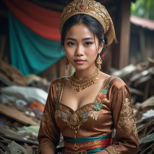 Prompt: ultra realistic photograph of a young woman wearing revealing Javanese traditional outfit, delicate details, color graded, 400mm lens, vibrant colors, trash pile background