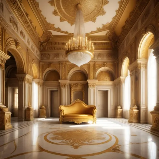 Prompt: In a palace you can look a trhone, the colors are beige and golden