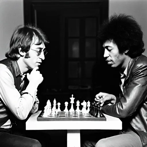Prompt: John Lennon and Jimi Hendrix playing chess