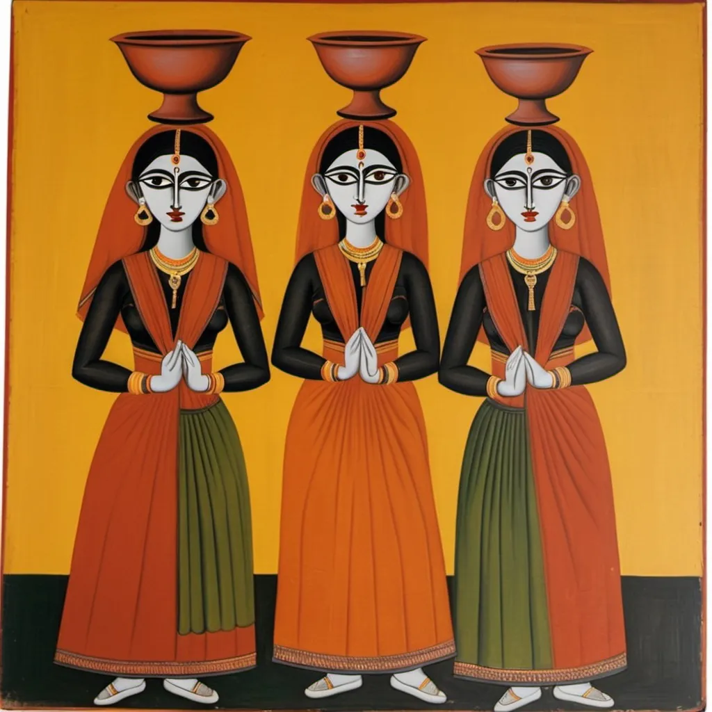 Prompt: kalighat painting of 3 women with clay pots on head