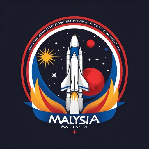 Prompt: Design a logo for the 'Malaysia Space Flagship Program,' focusing on space industry development. The logo should incorporate elements that reflect a Malaysian identity, utilizing all the colors from the Malaysian flag: red, blue, yellow, and white. The design should blend modern space themes, such as rockets, satellites, or orbits, with traditional Malaysian motifs or symbols. The logo should be dynamic and inspiring, representing innovation, progress, and national pride. The text 'Malaysia Space Flagship Program' should be integrated into the design in a clean, professional font.