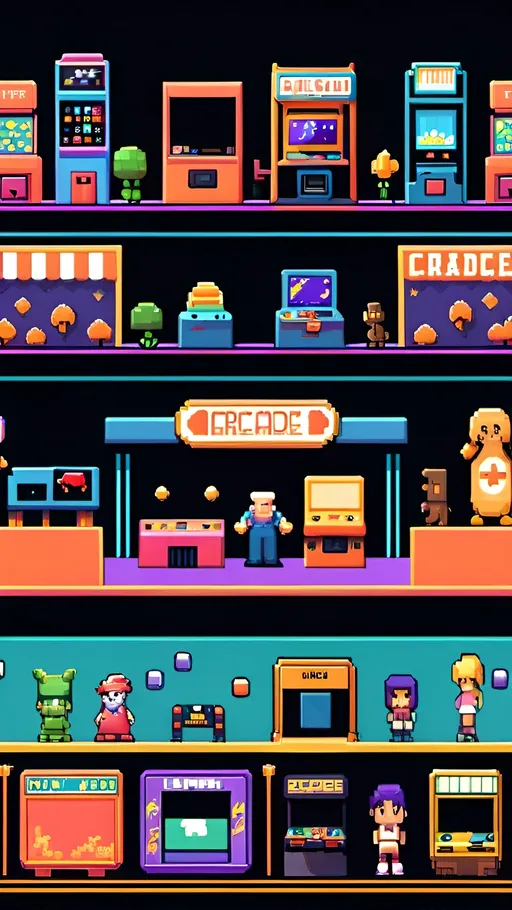 Prompt: Create a retro-themed pixel art background for livestreaming with small pixelated characters inspired by classic arcade games. Include elements such as blocks, platforms, and simple yet brightly colored background elements. Add some small pixel art characters standing on platforms to give it a fun and entertaining look