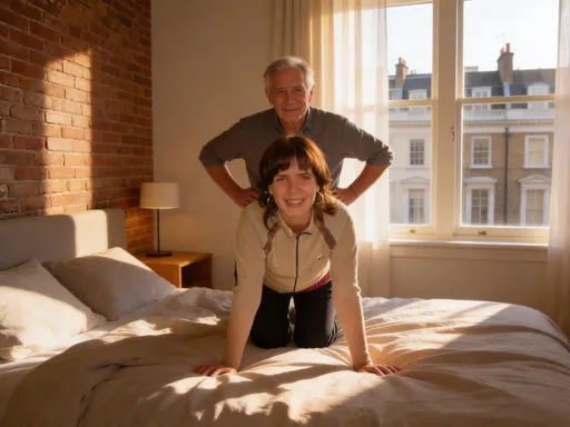 Prompt: @RP0XpVWrWciHtZvTfrDJ Is smiling in a cozy modern bedroom of a small terraced house in London. She is on all fours on the bed. An older man is grabbing her firm, rounded buttocks from behind. 