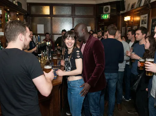 Prompt: @KXZ7vaicdzZPUltcV1hl Is with @Alustfx3dbi0d2hhX6CT in a crowded London pub. The pub is the Northcote on Grove Green Road in Leyton. She wears a ripped black t-shirt and tight blue jeans that reveal her round buttocks. Her cute midriff is exposed. The man is caressing her buttocks. She smiles at the barman behind the bar