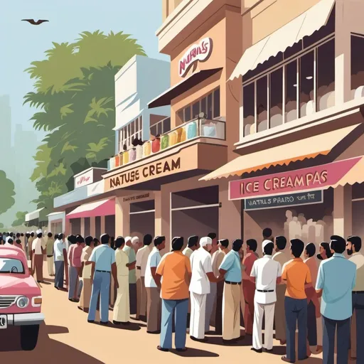Prompt: An image of the bustling streets of Juhu with people lined up outside the Naturals Ice Cream parlour. This could include the thermocol boxes that became iconic.
I wanted this to be in vector form 