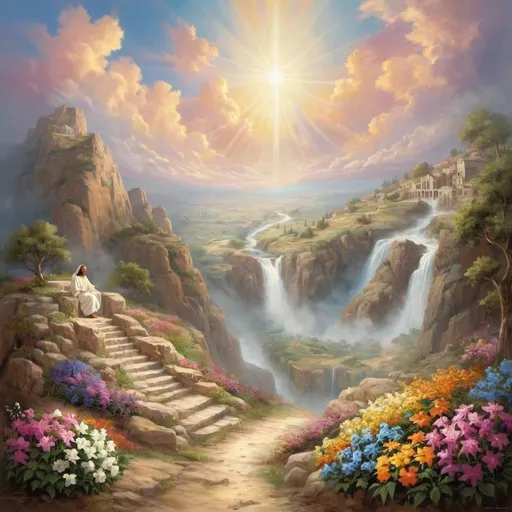 Prompt: Jesus Christ's Heaven. Filled with beautiful colors, landscapes, and eternal happiness.