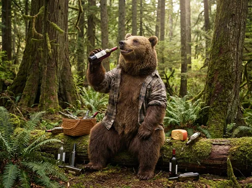 Prompt: One bear is drinking a bottle of wine in the middle of the forest, he is happy