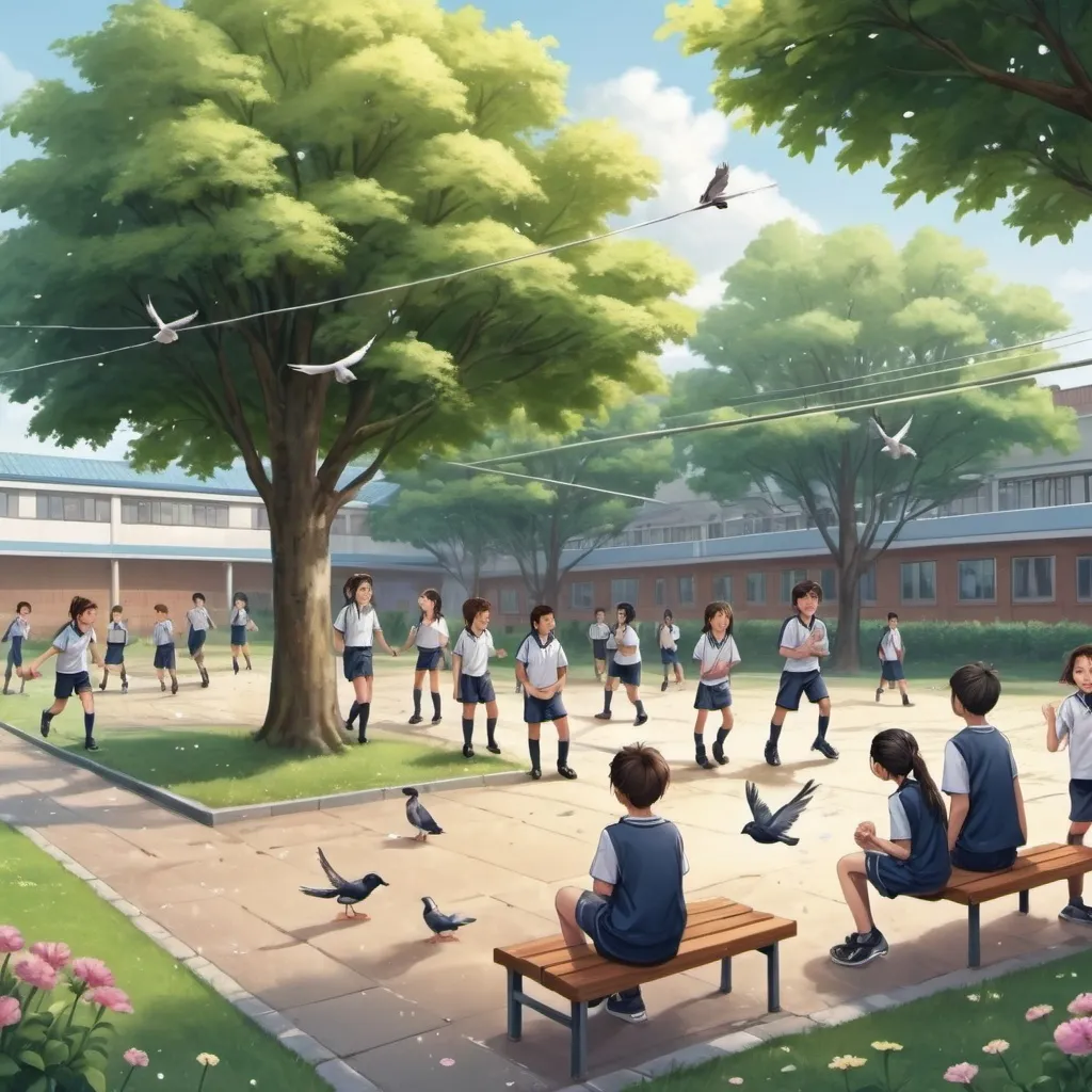 Prompt: there are 20 students played soccer  in the schoolyard. 2 students sat on the bench reading stories, , the group played skipping rope, the group played volleyball, etc. some students play catch. Five techers are talking together..there are some flowers vase, and some birds on the tall trees. it is rainy