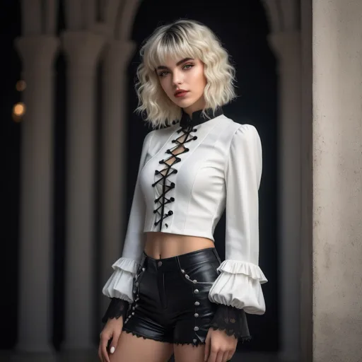 Prompt: Full body of a amazing Italian girl with short wavy black mullet style hair and short blonde bangs in white gothic clothes, RAW photo, highly detailed skin, 8k uhd, dslr, soft lighting, high quality, film grain, Fujifilm XT3, photorealistic 