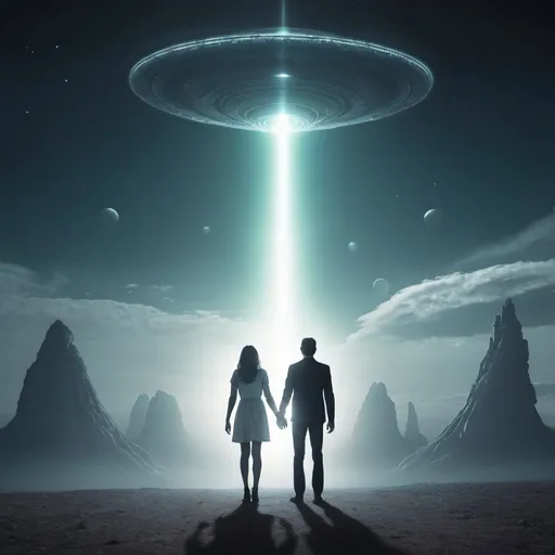 Prompt: a man and woman, getting abducted by an alien god like being.