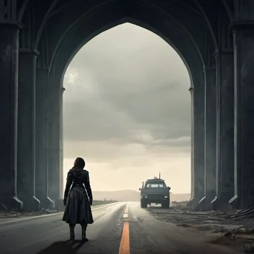 Prompt: a man and a woman standing on a road in the middle of nowhere, with a gun in hand, Dirk Crabeth, international gothic, post apocalyptic, a detailed matte painting