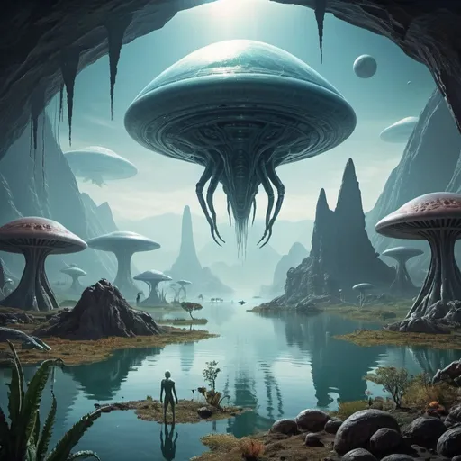 Prompt: alien world with vegitation, animals of new type, lakes of water, and alien people.