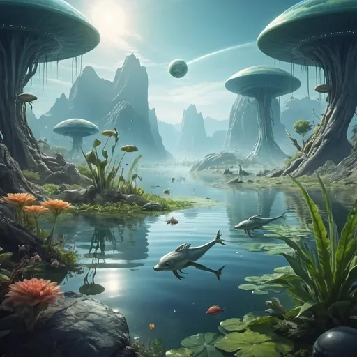 Prompt: peaceful alien world with vegitation, animals of new type, lakes of water.