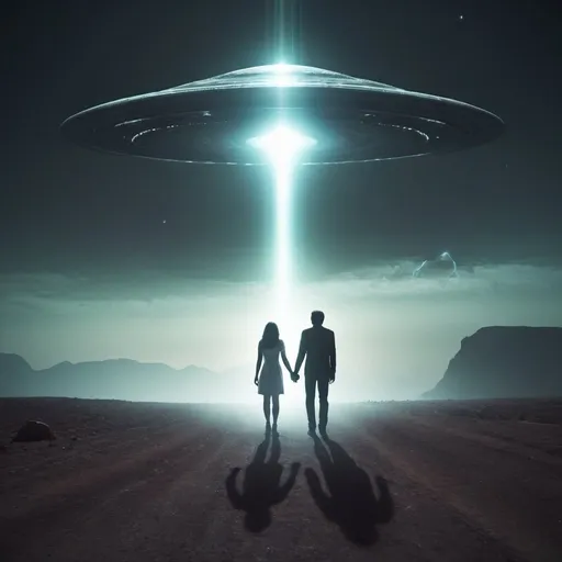 Prompt: man and woman, getting abducted by an alien god like being.