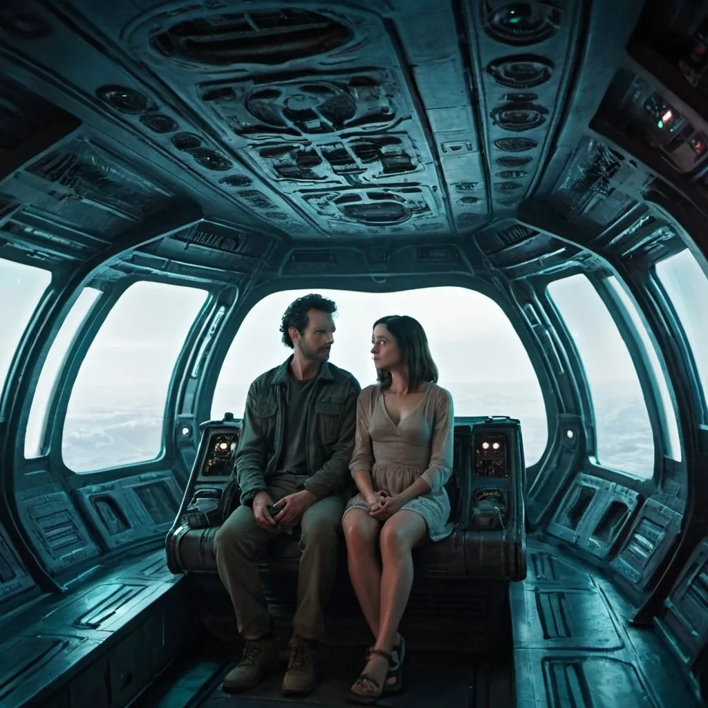 Prompt: a man and woman, inside an alien ship traveling to a new world.