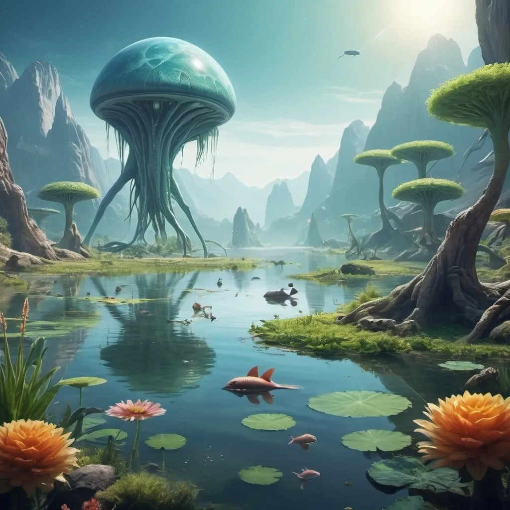 Prompt: peaceful alien world with vegitation, animals of new type, lakes of water.