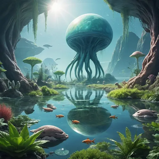 Prompt: peaceful alien world with vegitation, animals of new type, lakes of water.