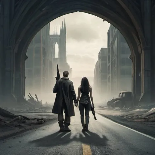 Prompt: a man and a woman standing on a road in the middle of nowhere, with a gun in hand, Dirk Crabeth, international gothic, post apocalyptic, a detailed matte painting