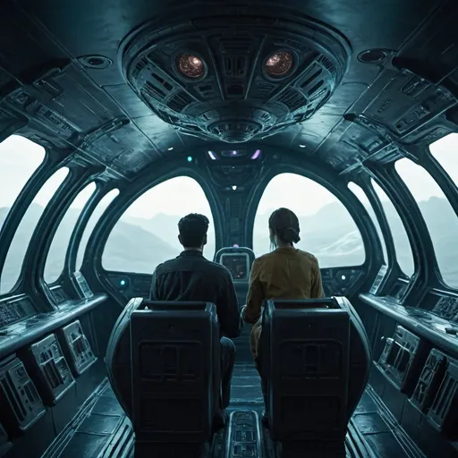 Prompt: a man and woman, inside an alien ship traveling to a new world.