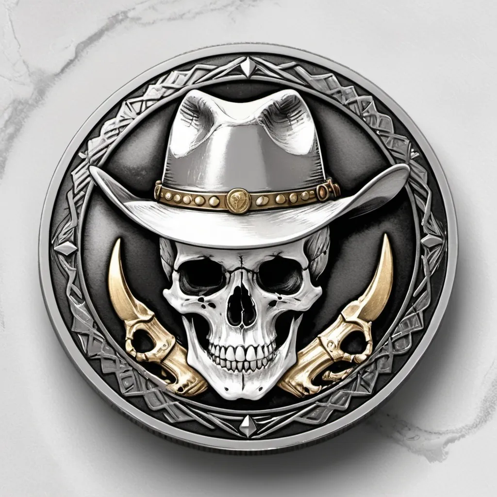 Prompt: challenge coin with alligator skull and cowboy hat 
