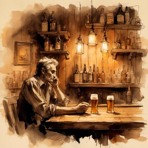 Prompt: <mymodel>(fantasy scene), a pensive guy sitting at a rustic bar, (warm colored tones) illuminated by soft golden ambient lighting, (creative and imaginative atmosphere) with beer mugs scattered on the wooden counter, ornate wall decorations in the background, detailed textures of the bar's wood grain, (ultra-detailed, high quality) capturing the ambiance of a cozy establishment.