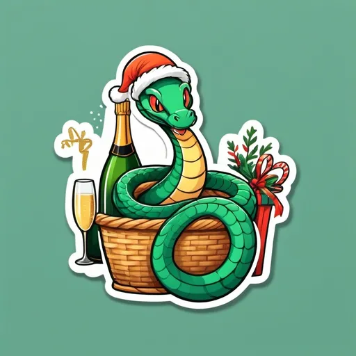 Prompt: A green cobra with its tail coiled around itself. In the back is a basket with a bottle of champagne. On the snake's head is a New Year's cap. The snake smiles.Around it are gifts and a garland. New Year's Eve background.