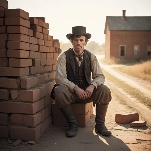 Prompt: make a drunk man in the 1800s standing on a dirt road with a stack
 of bricks near him.