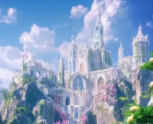 Prompt: a castle with a lot of flowers on the side of it and a sky background with clouds and flowers, Andor Basch, fantasy art, kinkade, a detailed matte painting