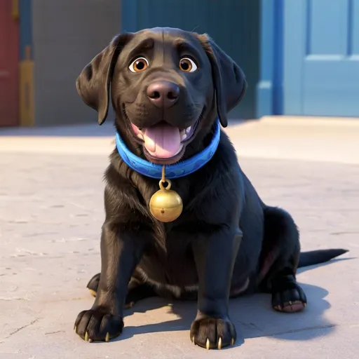 Prompt: a friendly, happy, silly, black Labrador  retriever, with an all black coat, a very big head, very big nose, big paws, a blue collar with two brass bells hanging from the collar, and three black spots on his tongue
