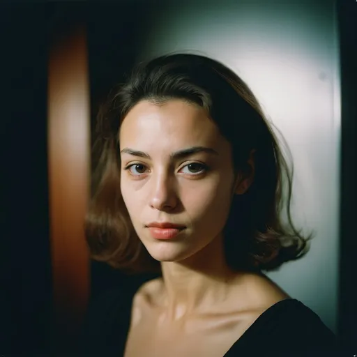 Prompt: analog portrait photograph of a feminine french woman, dark room, Porta 160 color, shot on fujifilm, by kyunginc