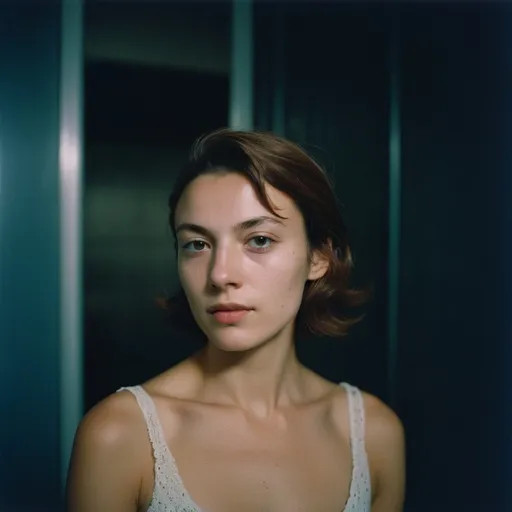 Prompt: analog portrait photograph of a feminine french woman, dark room, Porta 160 color, shot on fujifilm, by kyunginc