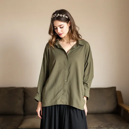 Prompt: Standing gracefully, a young woman dons a stylish outfit featuring a loose, olive green button-up shirt paired with a flowing black skirt that reaches her ankles, creating an elegant silhouette. She has wavy hair cascading past her shoulders and wears a delicate headband, adding a touch of charm to her look. Her expression is thoughtful as she gazes down, which enhances the serene mood of the scene. The background showcases a simple indoor environment, with neutral-colored walls and a patterned couch, suggesting a cozy and inviting atmosphere. Soft lighting accentuates the textures of her clothing and the simplicity of the setting, giving the image a warm, intimate feel.