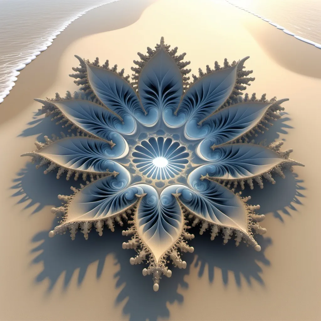 Prompt: A fractal design based on the Mandelbrot set.Female on the beach.