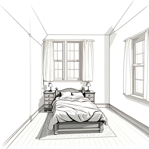 Prompt: a drawing of a bedroom with a bed and a dresser in it's corner and a window on the wall, Enguerrand Quarton, photorealism, isometric view, a digital rendering