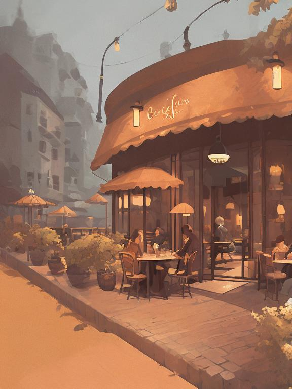 Prompt: Warm-toned digital painting of a tranquil cafe, golden hues and warm lighting, cozy interior with comfortable seating, steaming cups of coffee, fresh pastries on display, inviting ambiance, high quality, digital painting, warm tones, cozy atmosphere, tranquil setting, cafe interior, inviting, atmospheric lighting