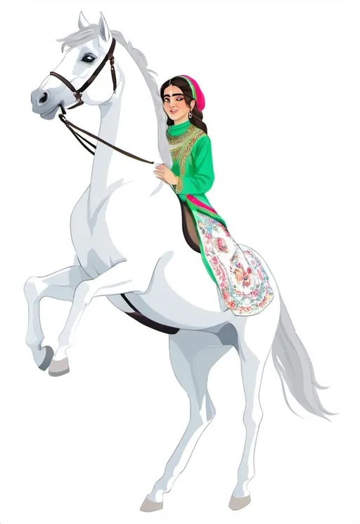 Prompt: Horse with a girl Rider wearing Persian traditional clothing in spring